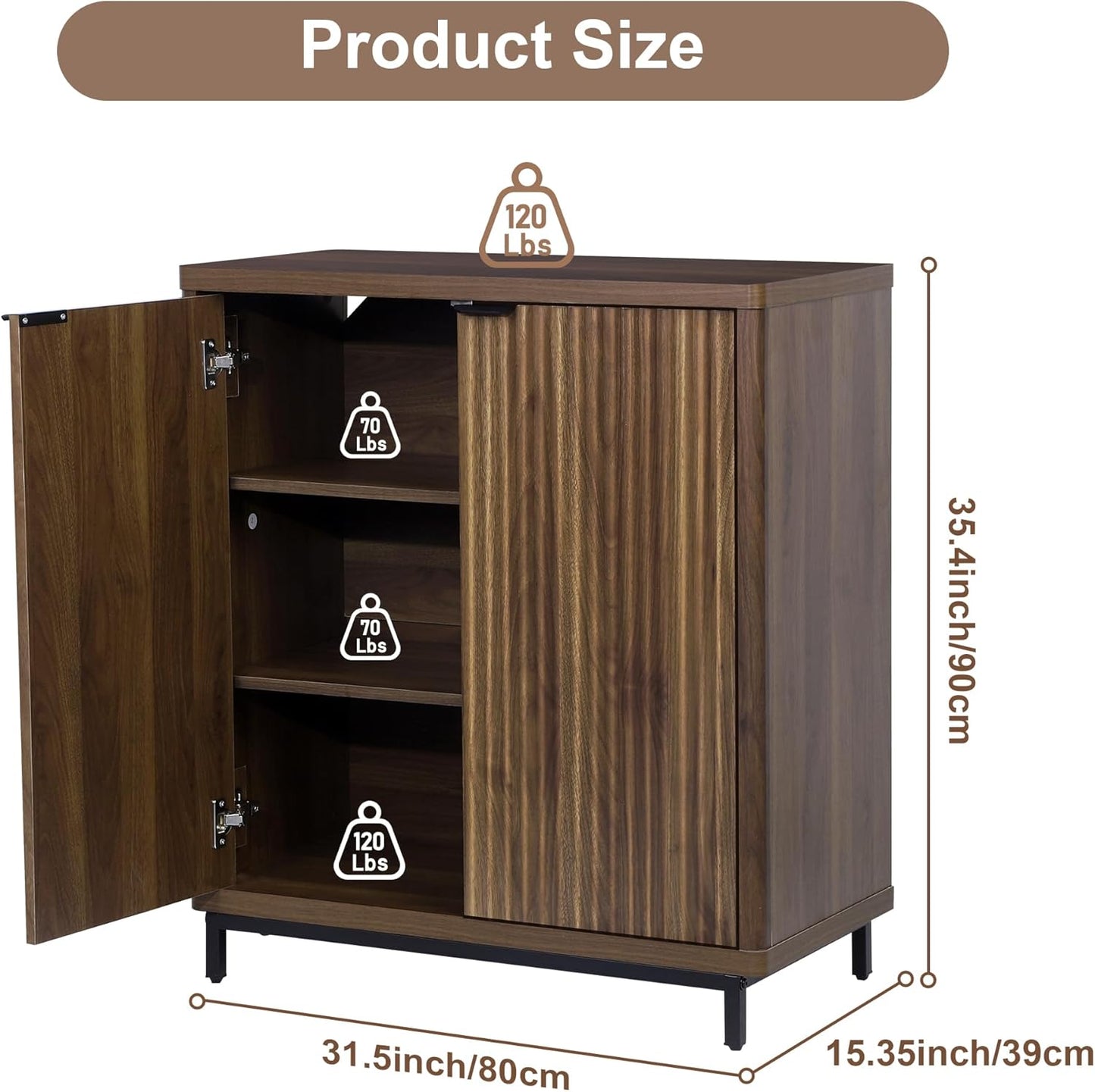 Buffet Cabinet with Storage Accent Sideboard Modern Credenza with 2 Doors & 3 Shelves Fluted Media Console for Living Room Kitchen Dining Room Hallway (Walnut)