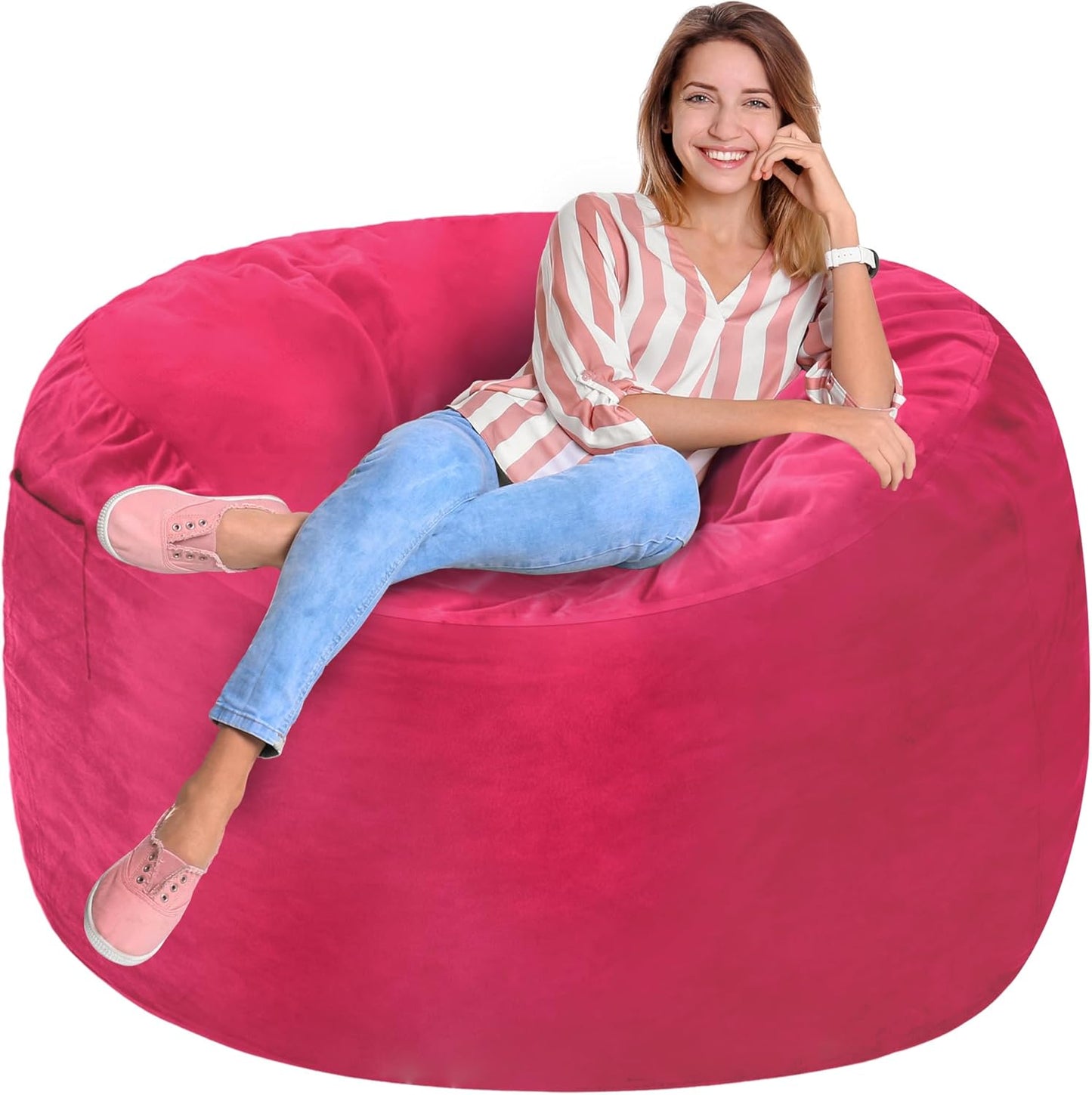 Homguava 3FT Bean Bag Chair: 3' Bean Bags with Memory Foam Filled, Large Beanbag Chairs Soft Sofa with Dutch Velvet Cover-Pink