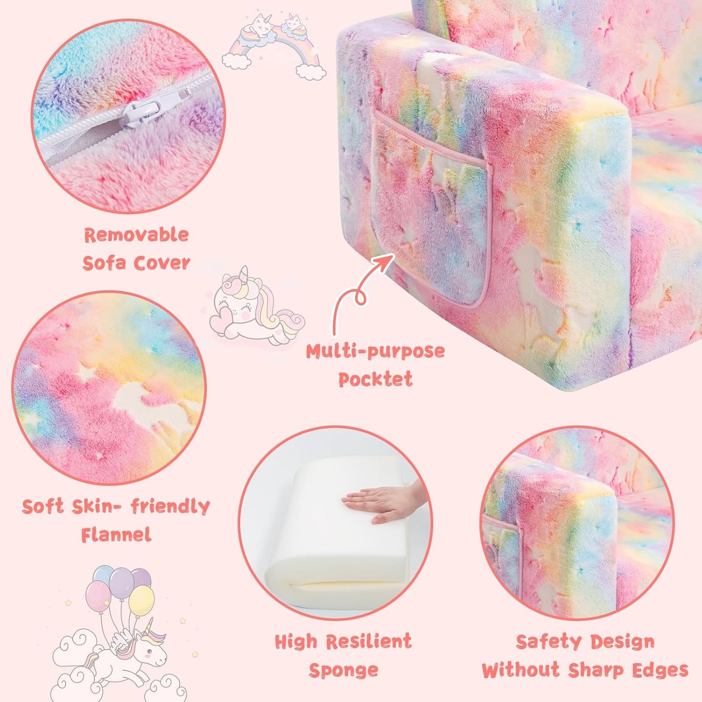Toddler Couch,Toddler Chair,Kids Sofa Chair 2-in-1 Baby Seat Furniture Fold Out, Convertible Sofa to Lounger Soft Comfy Glow in The Dark Kids Sofa Bed Gifts for Kids Girl Boys,Unicorn