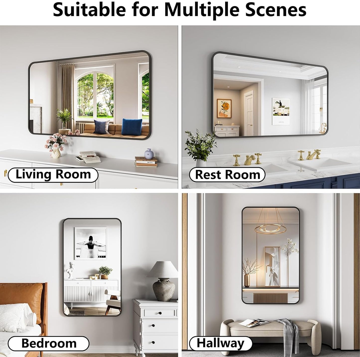 Bathroom Mirror, 30X50 Inch Black Metal Framed Mirror for Bathroom, Tempered Glass, Anti-Rust, Rounded Rectangle Mirror for Restroom, Bedroom, Black