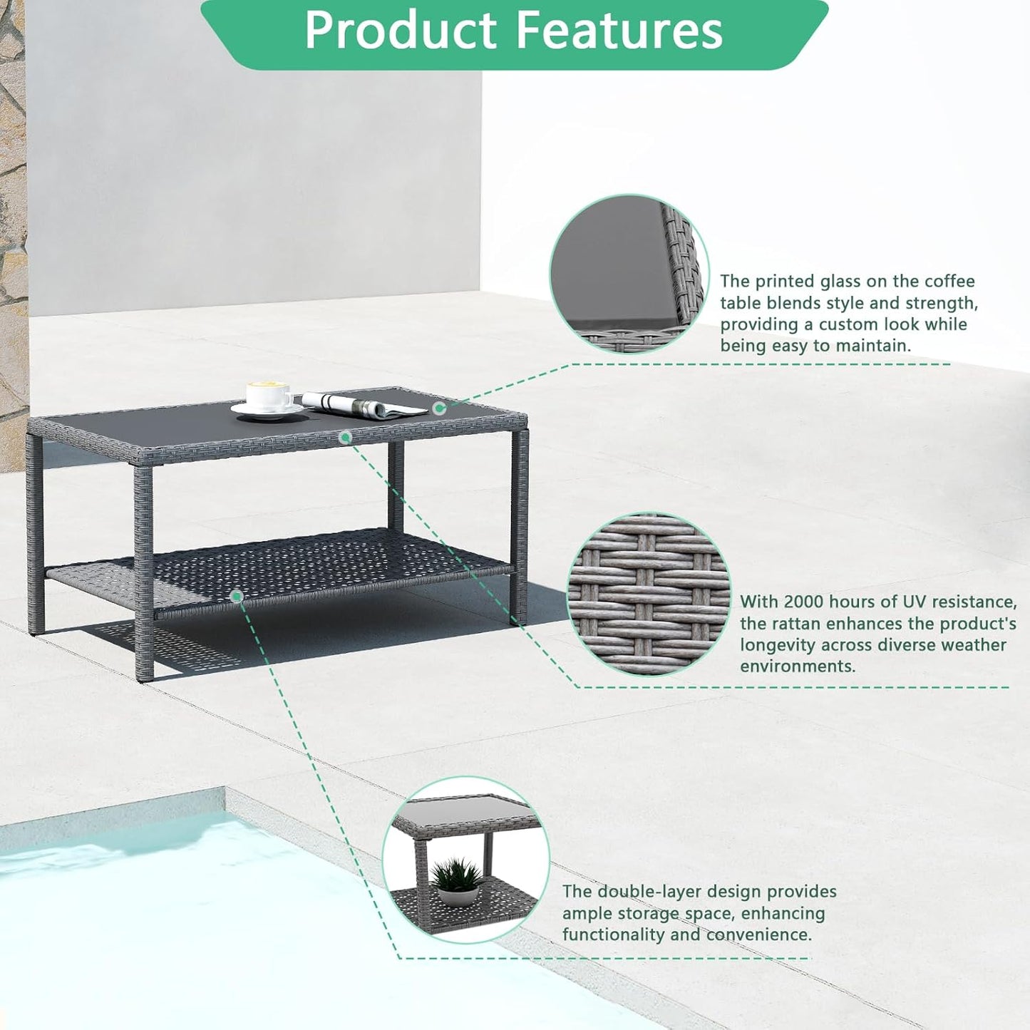 Helios&Hestia Rectangle All Weather Rattan Wicker Outdoor Coffee Side End Table with Glass Top for Patio, Deck, Backyard, Garden, Grey