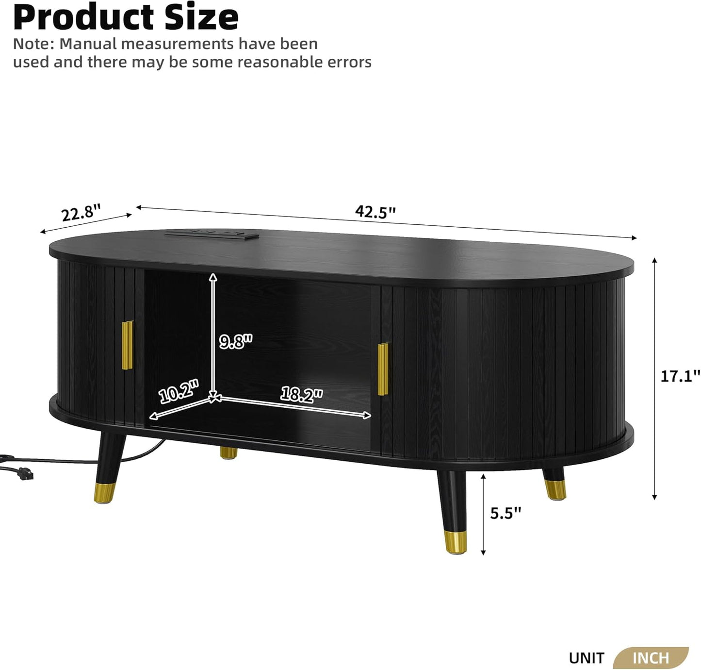 Mid-Century Fluted Oval Coffee Table with 360° Tambour Doors, Hidden Storage, Solid Wood Legs & 2 AC+2 USB Charging Station, Modern Coffee Table for Living Room, Apartment, Black