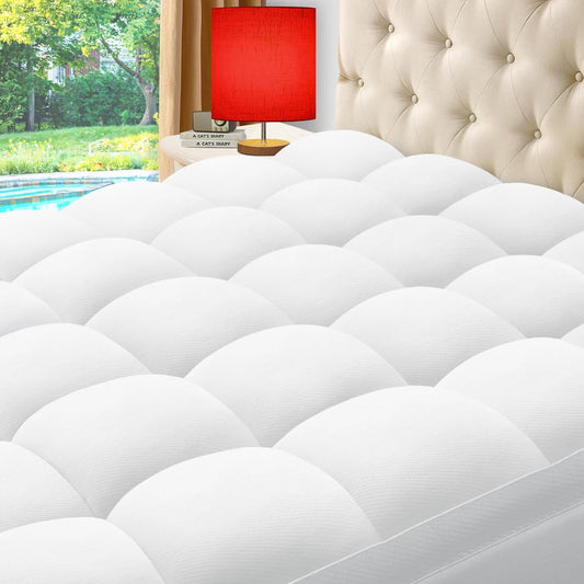 ELEMUSE Queen Cooling Bamboo Viscose Mattress Topper for Back Pain, Extra Thick Mattress Pad Cover, Plush Soft Pillowtop with Elastic Deep Pocket, Overfilled Down Alternative Filling
