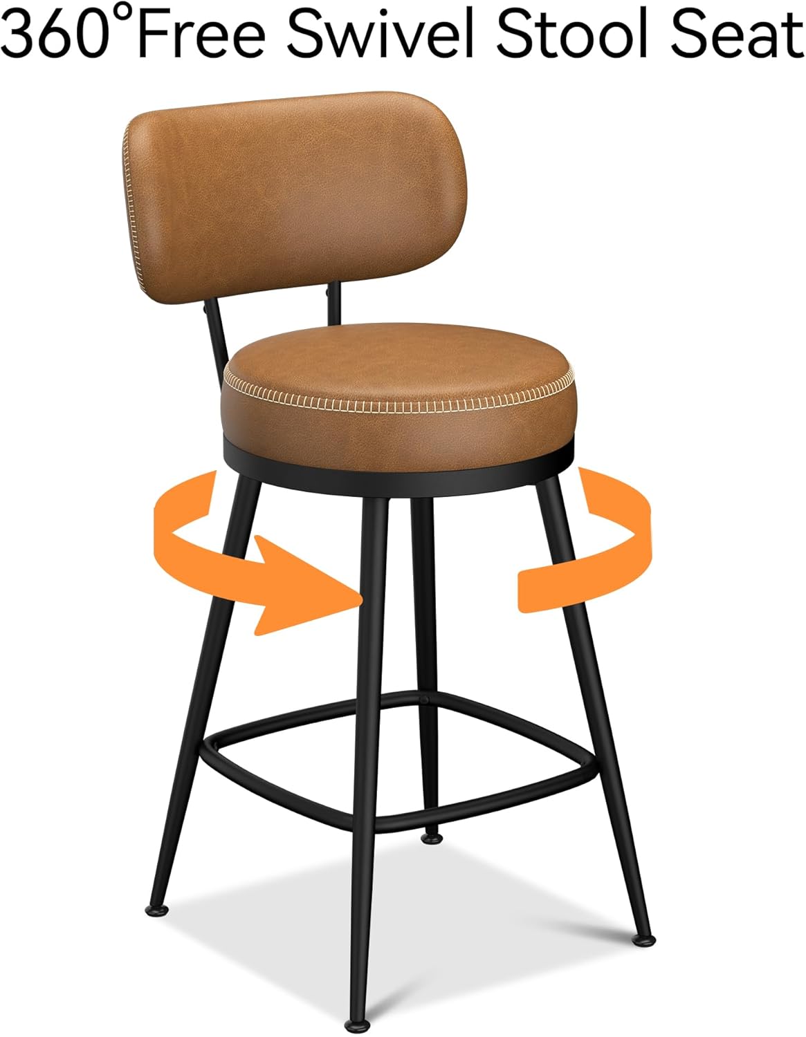 Counter Height Bar Stools, 26" H Swivel Barstools Set of 4, Faux Leather Kitchen Counter Stools with Back and Stylish Stitching, Metal Frame, Pub, Home Bar, Whisky Brown