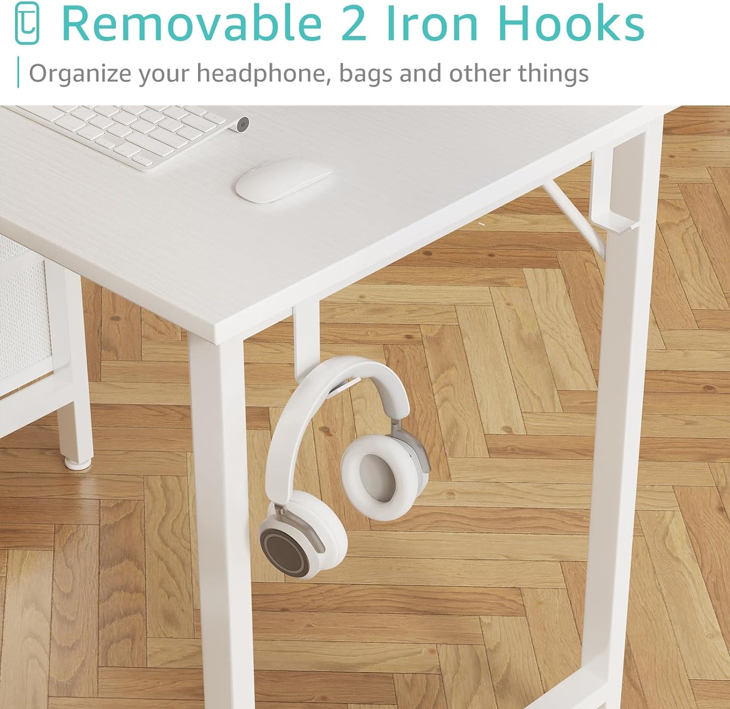 Lufeiya White Computer Desk with Fabric Drawers, 47 Inch Reversible Study Work Writing Desk for Home Office Bedroom, Simple Modern Cute PC Desks with Drawer, White