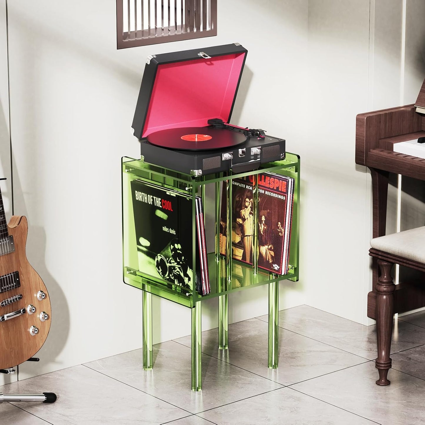 Acrylic Record Player Stand, with Vinyl Storage, Clear Acrylic Side Table, Pink (Green)