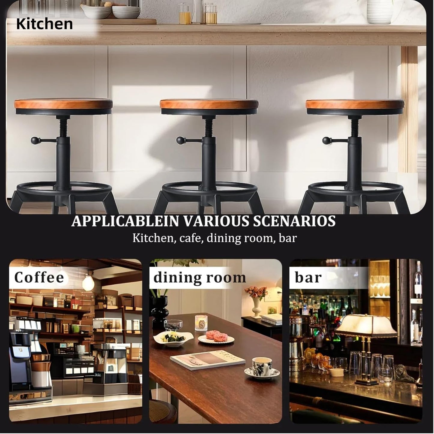 Set of 2 Industrial Bar Stools Short Stool Swivel Wooden Seat Kitchen Island Chairs Counter Height Adjustable 15.2-21inch