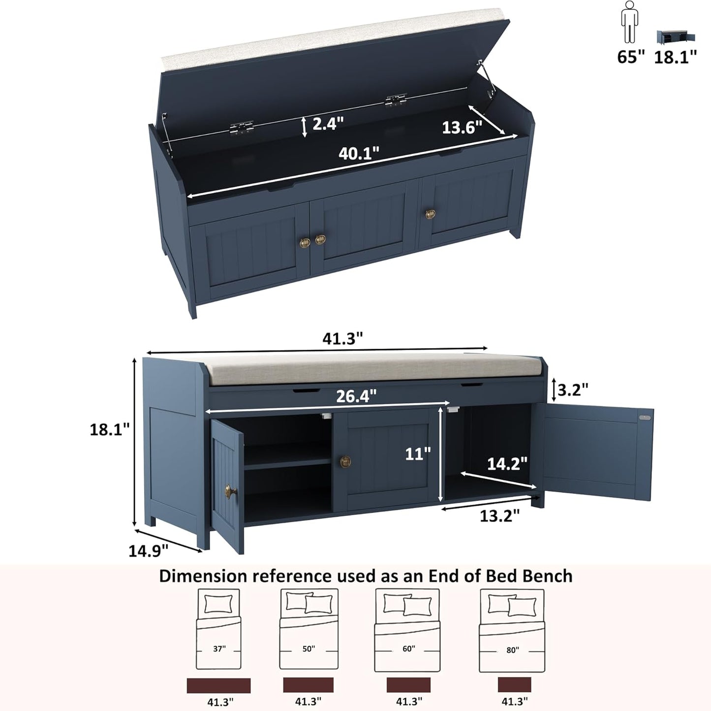 HOMEFORT 41.3" Shoe Bench with Lift Top Storage, Entryway Bench with Cushioned Seat, Wooden End of Bed Bench, Shoe Cabinet Bench with Hidden Storage Space, for Bedroom, Hallway,Blue