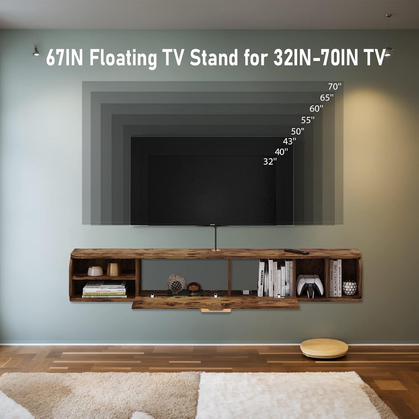 Floating TV Unit, 67'' Wall Mounted TV Cabinet, Floating Shelves with 4 Cabinets, Wooden Entertainment Media Console Center Large Storage TV Bench for Living Room & Office (Rustic Brown)