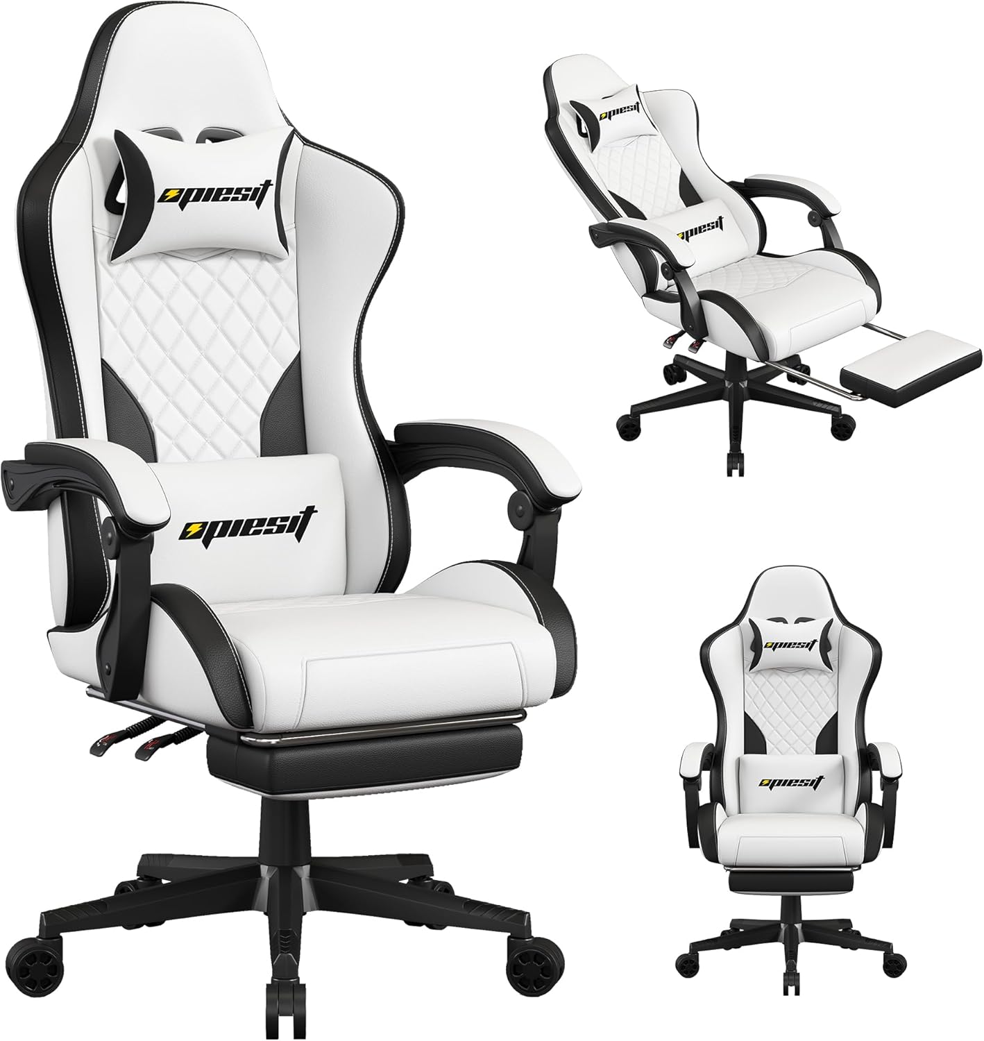 Gaming Chair,Ergonomic Computer Chairs for Adults with Footrest, PU Leather Office Chair with Adjustable Lumbar Support & Pocket Spring Cushion - Heavy Duty 400lb Capacity Gamer Chair (White)