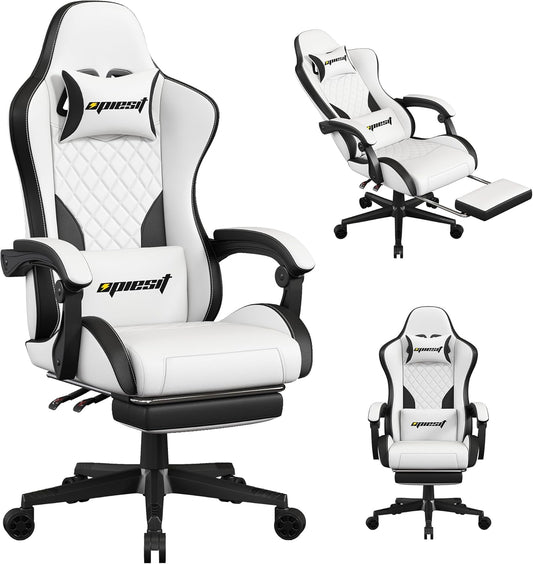 Gaming Chair,Ergonomic Computer Chairs for Adults with Footrest, PU Leather Office Chair with Adjustable Lumbar Support & Pocket Spring Cushion - Heavy Duty 400lb Capacity Gamer Chair (White)