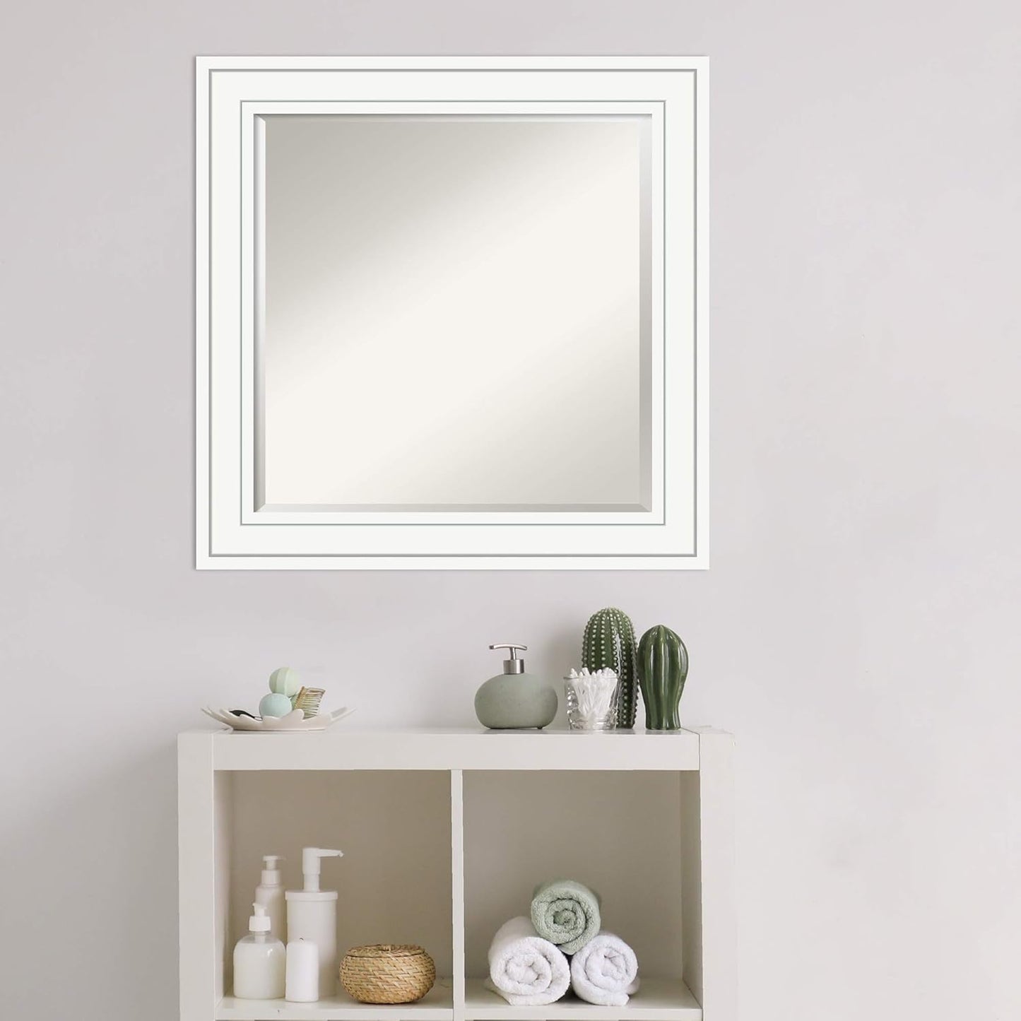 Amanti Art White Bathroom Mirror for Over Sink, 25x25 Craftsman White Square Vanity Mirror, Medium Casual Wood Frame, Hangs Horizonally and Vertically, Bathroom Wall Decor, Beveled Edge from WI, USA