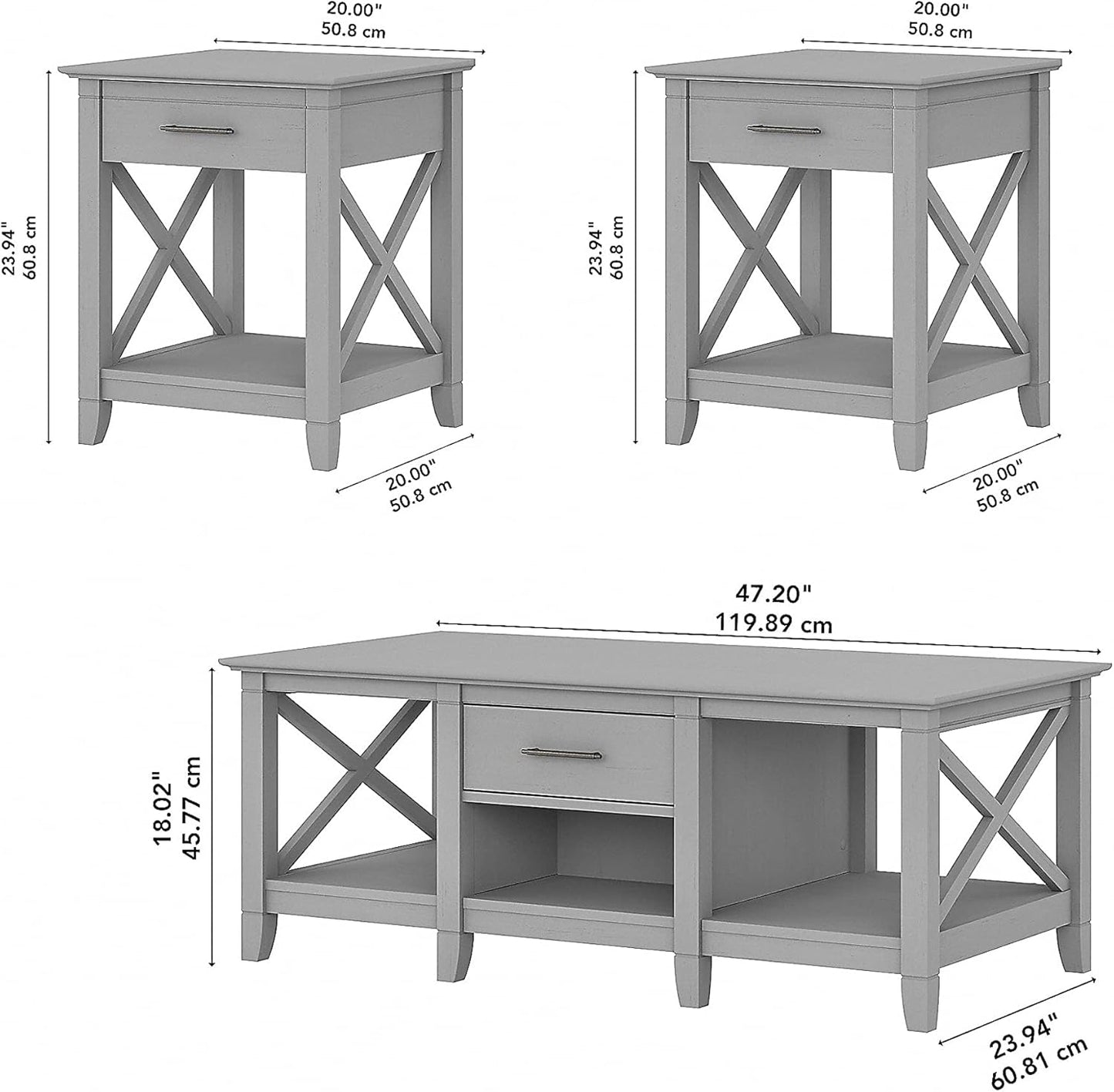 Bush Furniture Key West Coffee Table with Set of 2 End Tables in Cape Cod Gray
