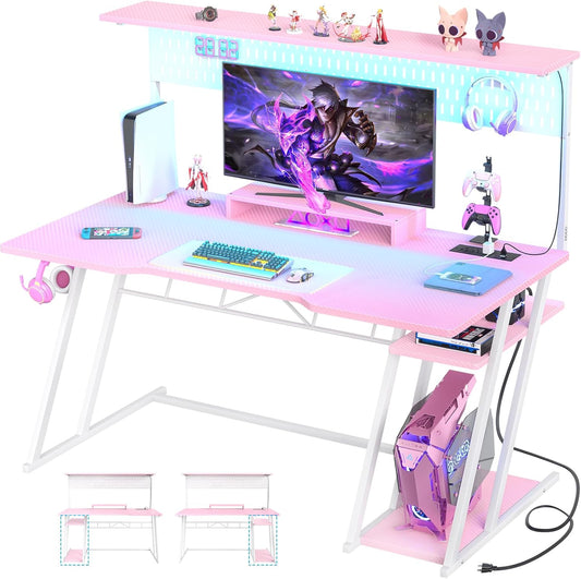 Armocity Pink Gaming Desk with Hutch and LED Lights, 53" Computer Desk with Storage Shelves, Reversible PC Gaming Desk with Pegboard, Gamer Desks for Bedroom, Carbon Fiber Surface