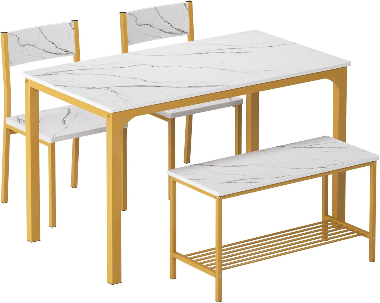 SogesHome Kitchen Table Set for 4, Compact Dining Table Chair Set with Bench, 4 Piece Table with Built-in Storage Racks, Metal Frame, for Apartment, Restaurant, Gold