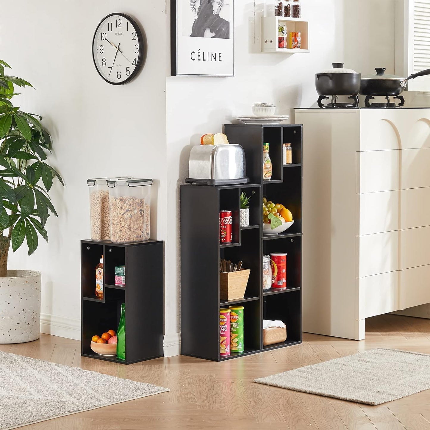 VECELO 4-Tier Slim Bookcase, Modern Storage Cabinet, Slim Bookshelf, Fits Tallest Hardcover, 5 Cubes, Vertical or Horizontal, Easy Assembly, Black