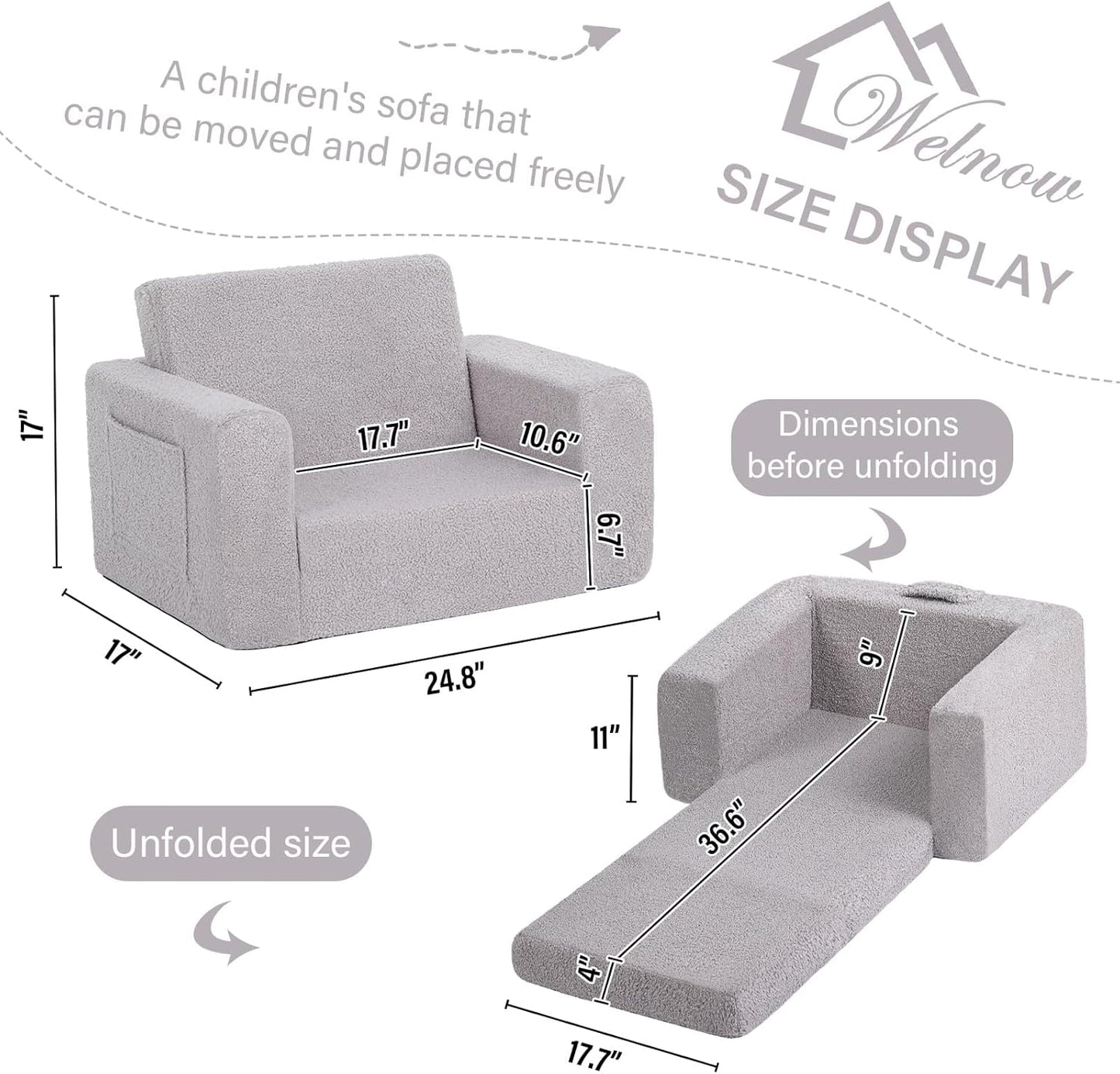 Welnow Toddler Chair, 2-in-1 Soft Sherpa Kids Sofa, Convertible Toddler Couch Lounger, Flip Out Kids Couch Chair with Side Pockets & Removable Cover for Girls and Boys, Grey