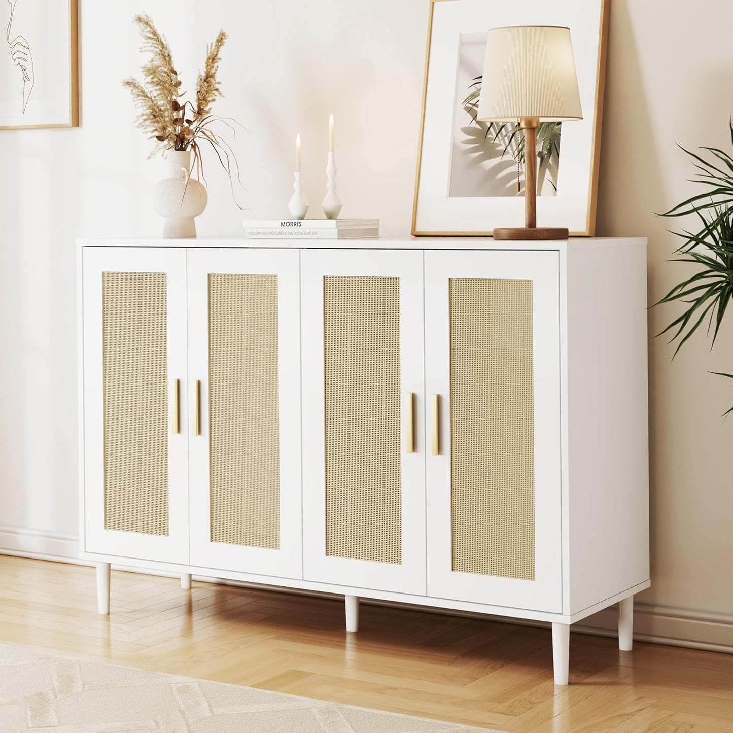 Sideboard - Buffet Cabinet with Storage, Rattan Storage Cabinet with 4 Doors and Adjustable Shelves, Accent Sideboard with Solid Wood Leg for Living Room (White)
