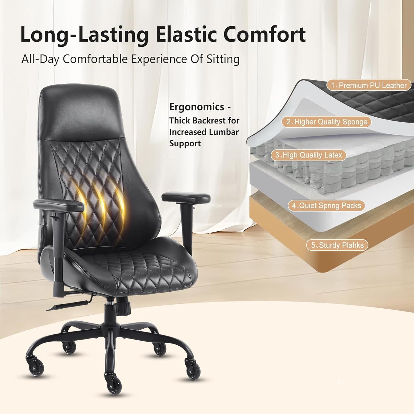 YFO Home Office Desk Chair High Back Office Rubber Chair Casters Ergonomic Computer Chair with Lumbar Support Adjustable Height Rolling Swivel Chair Executive Task Armrests, Black PU