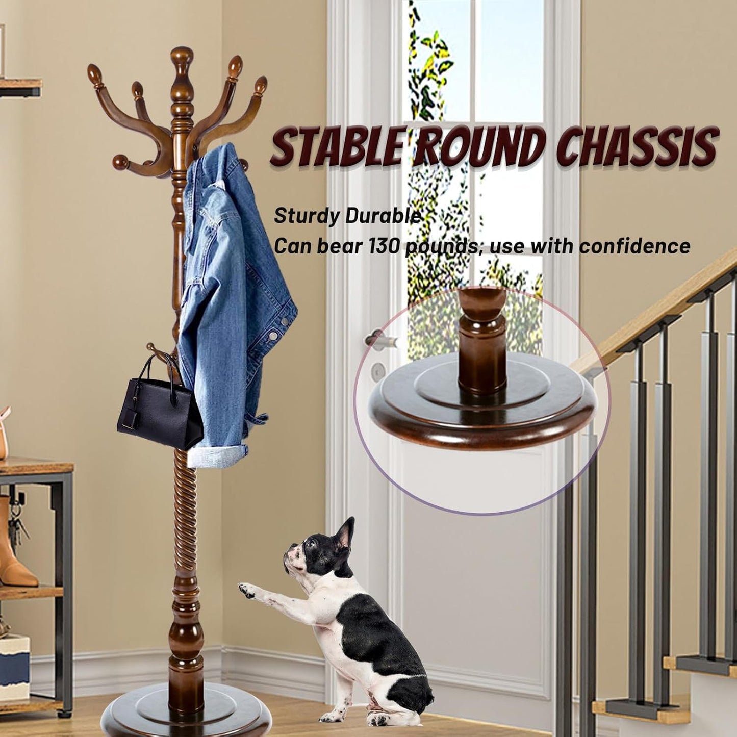 73 in Wood Coat Rack, Coat Rack Freestanding with Stable Round Base, Adjustable Height Tree Coat Racks Stand for Home Bedroom Office Hallway Entryway (Antique color)