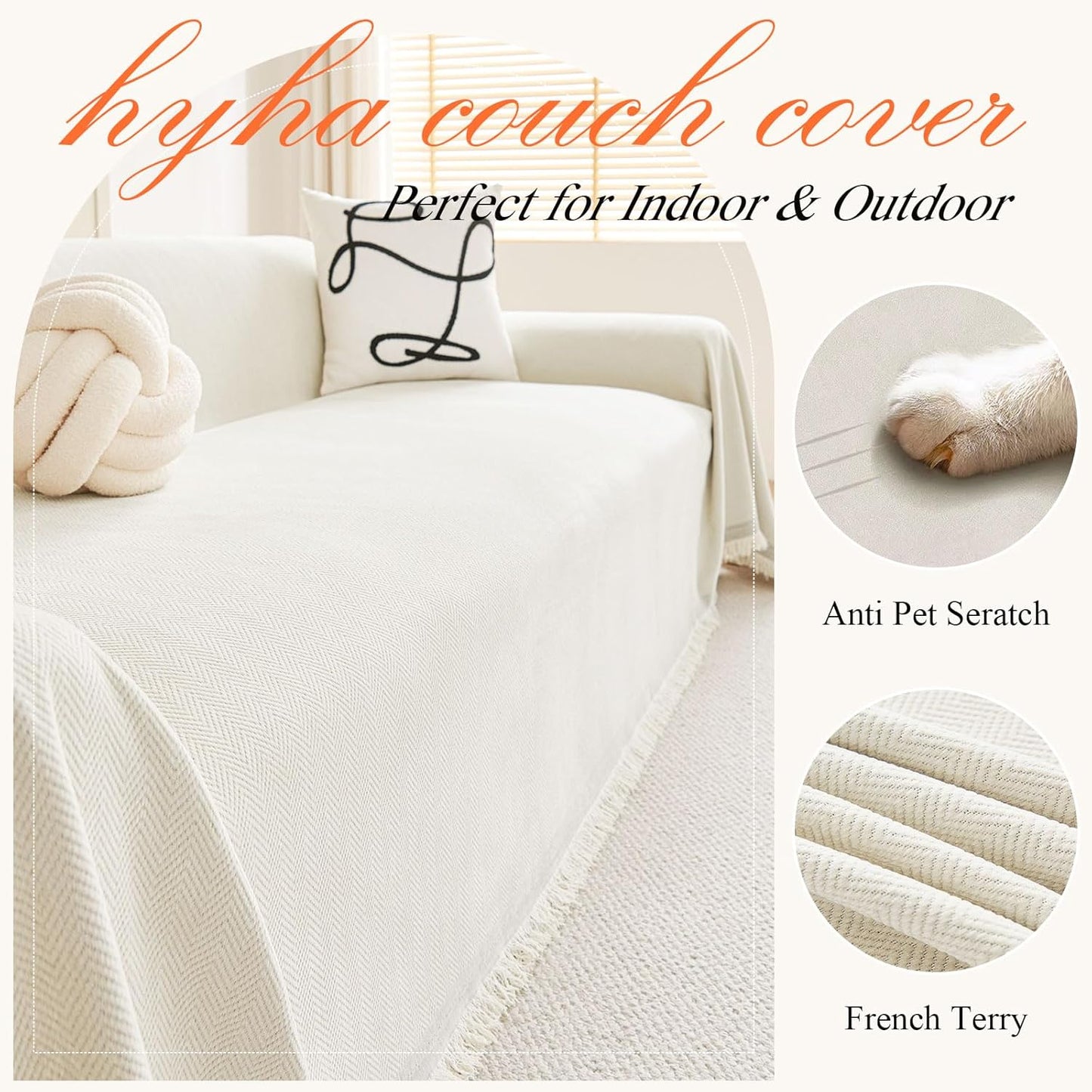 hyha Couch Cover for Dogs, Boho Sofa Covers for 3 Cushion Couch Washable, Chenille Sofa Slipcover for Pets, Soft Loveseat Sectional Couch Throw Blankets with Tassels (Beige, 88.5x150 Inch)