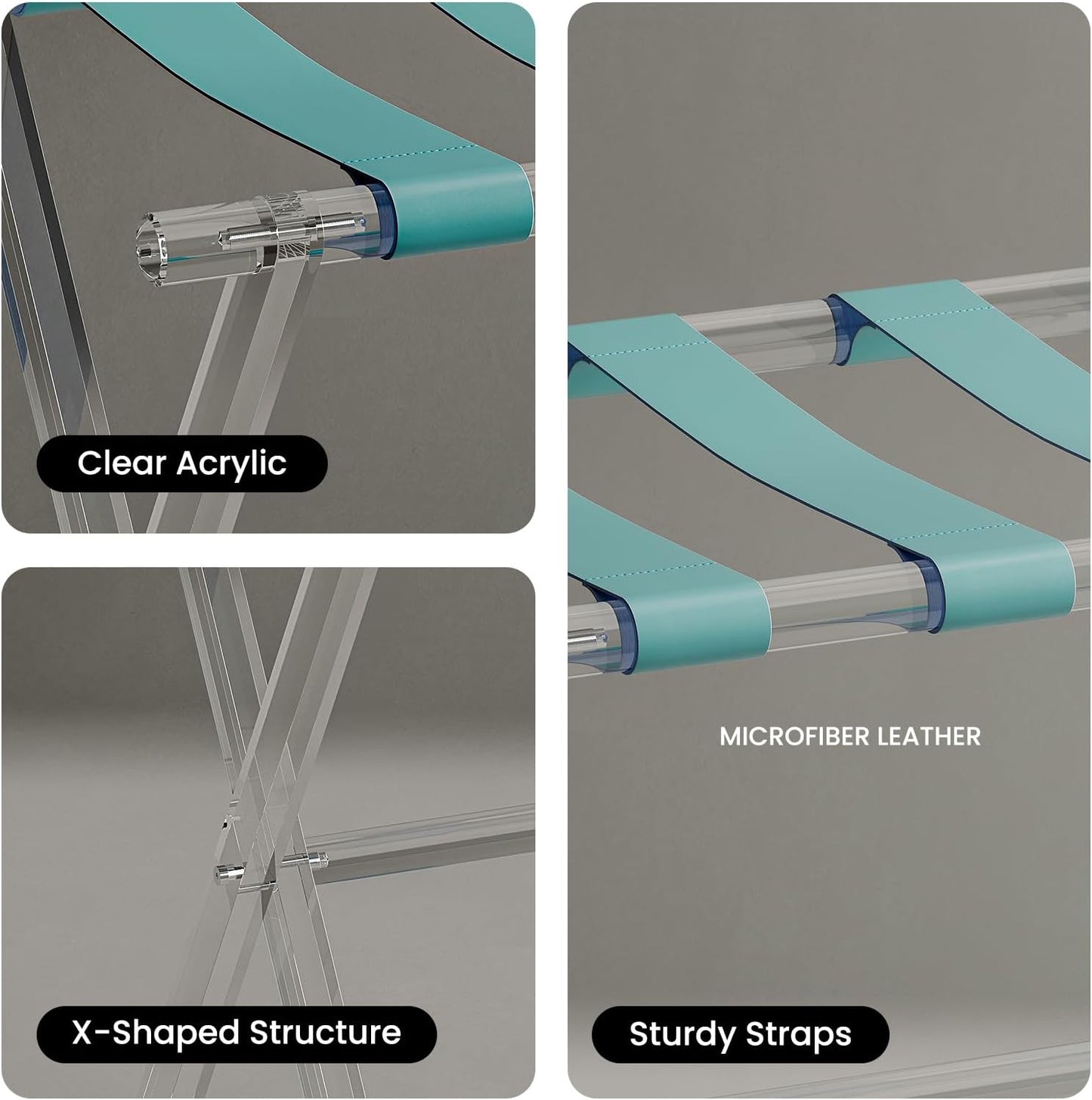 Sumerflos Acrylic Luggage Rack for Guest Room - Foldable Suitcase Stand with Leather Straps for Bedroom Living Room Hotel Heavy-Duty, Holds up to 50-100 lb lightweight Space Saving (Blue & Handle - 1 Pcs)