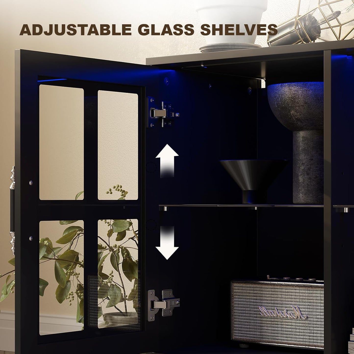 4-Piece Wall Unit TV Stand with Storage & LED Lights for TVs up to 75", Modern Entertainment Center with Bookshelves & 4-Door Pantry Cabinet, Black