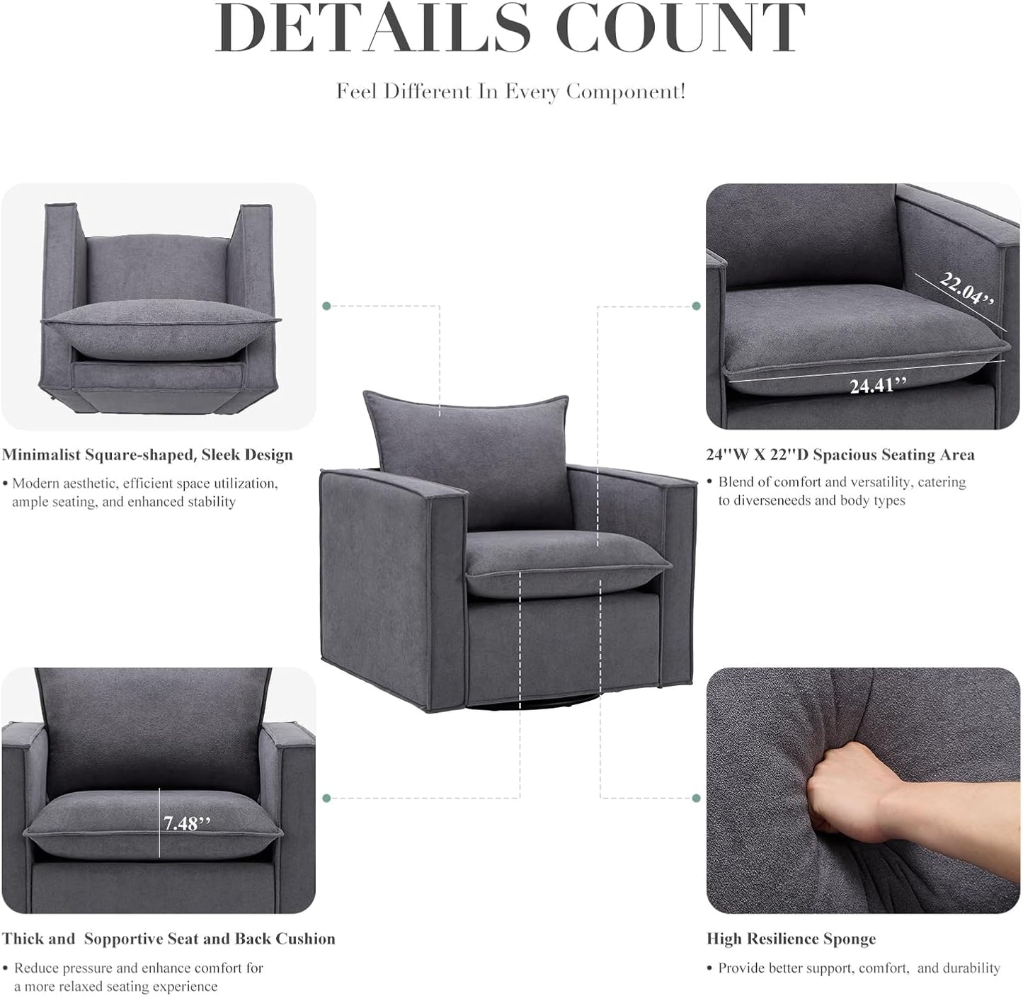 COLAMY Swivel Accent Chair Set of 2, 34 Inches Wide Upholstered Arm Chair with Plump Back Pillow, Modern Sofa Living Room Chair for Bedroom, Corner, Reading Nook-Grey