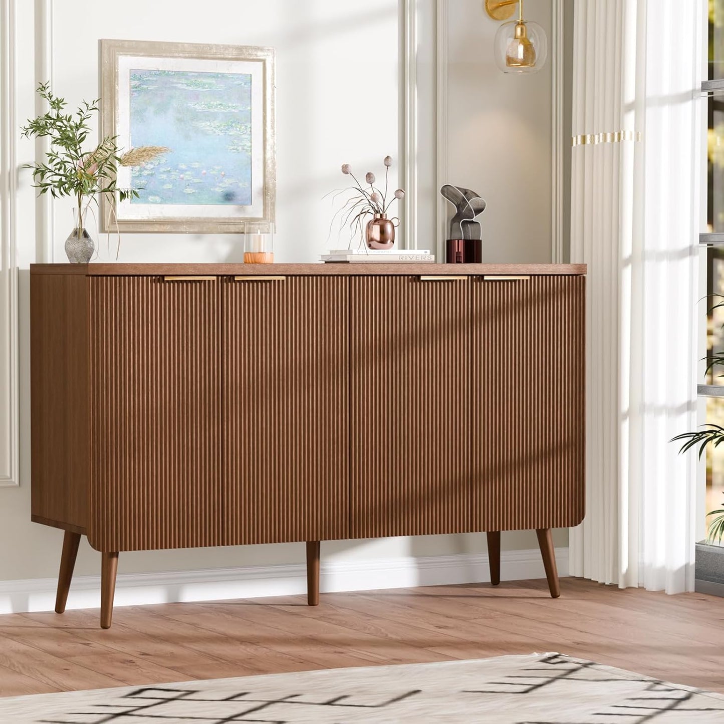 47.2" Buffet Cabinet with 4 Doors, Accent Sideboard Cabinet with Adjustable Shelf, Dining Room Sideboard with Waveform Panel, Credenzas for Living Room, Hallway, Walnut