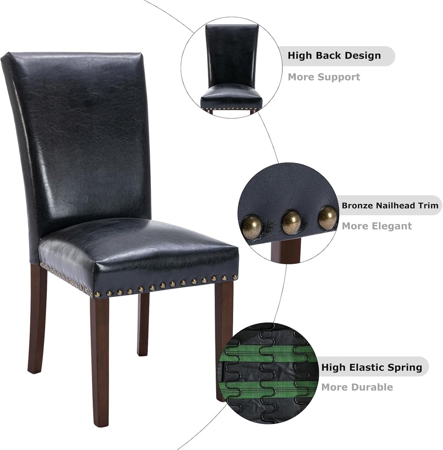 COLAMY Upholstered Parsons Dining Chairs Set of 2, PU Leather Dining Room Kitchen Side Chair with Nailhead Trim and Wood Legs - Black