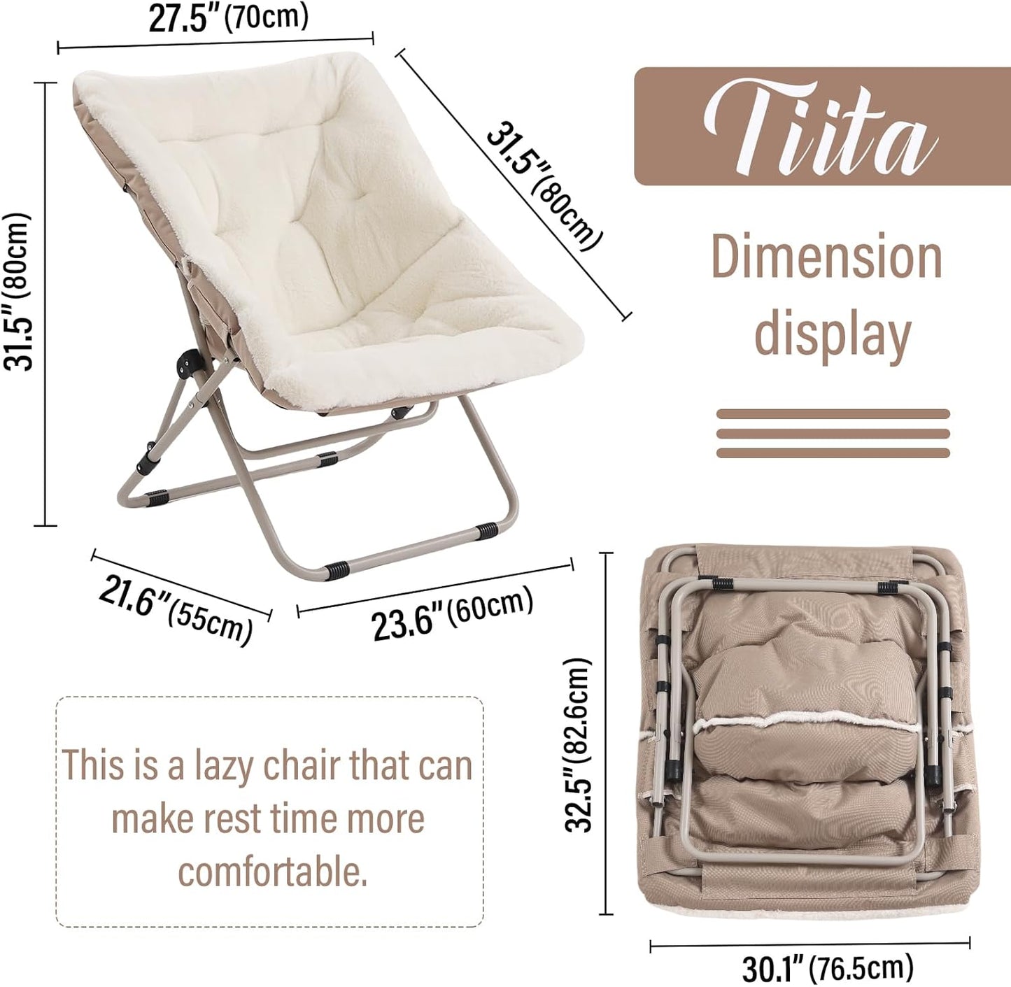 Tiita Comfy Folded Chair, Soft Faux Fur Oversized Folding Accent Chair, Lounge Lazy Chair for Kids Teens Adults, Metal Frame Moon Chair for Bedroom, Living Room, Dorm Rooms