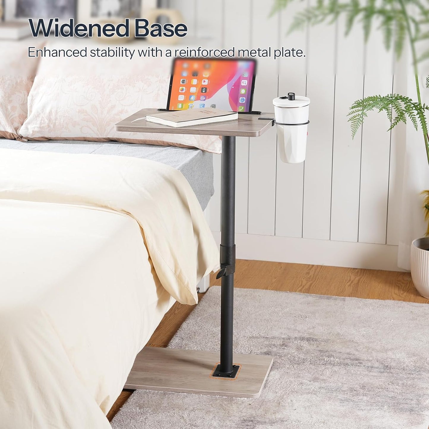 HOOBRO TV Tray Table, 360° Swivel Side Table Sofa Armrest Tray for Couch, Height Adjustable C Shaped End Table, Snack Desk with Cup Holder, for Small Spaces, Greige and Black BG234BZ01