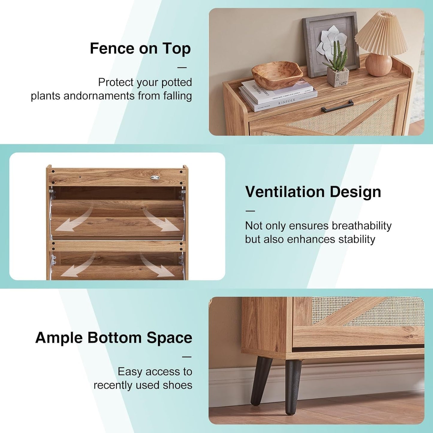 Shoe Storage Cabinet, Boho Shoe Organizer with 2 Flip Drawers & Rattan Design,Farmhouse Freestanding Hidden Slim Narrow Shoe Rack Cabinet for Entryway, Foyer,Hallway, Natural