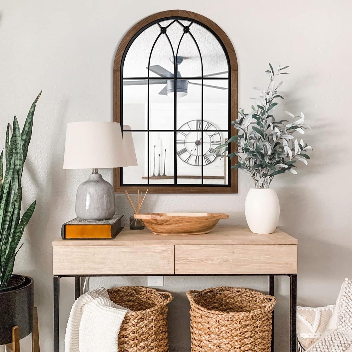 blue page Arched Mirror, Farmhouse Wall Decor, Rustic Wood Framed Accent Mirror Like Window for Bathroom Vanity, Bedroom, Entryway, or Living Room