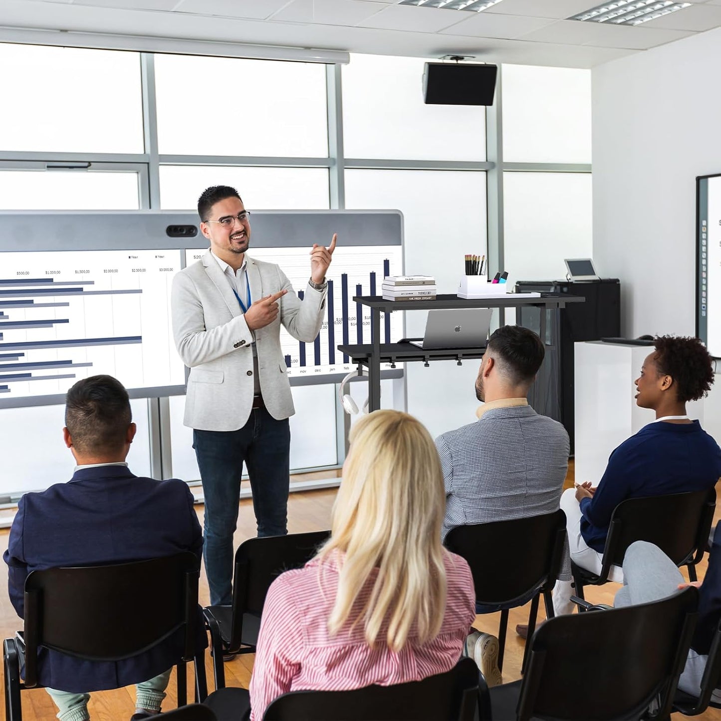 SIDUCAL Portable Standing Desk Adjustable Height, Rolling Computer Desk on Wheels, Mobile Home Office Workstation with USB Ports and Outlets, Laptop Cart for Standing or Sitting, 31.5" x 23.6" Black