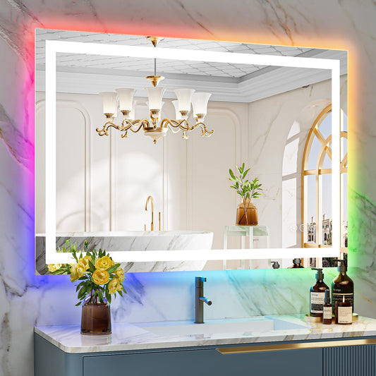 44x30 Inch RGB LED Bathroom Mirror Front Light and RGB Backlit Lighted Vanity Mirror for Bathroom Wall Mounted Dimmable Anti Fog Memory Shatter-Proof IP54 Waterproof Horizontal/Vertical