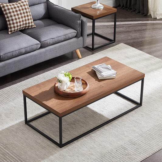 CENSI 47-Inch Dark Walnut Coffee Table for Living Room, Modern Industrial, Rectangular Wood and Metal Center Table with Extra Thick Tabletop (Dark Brown)