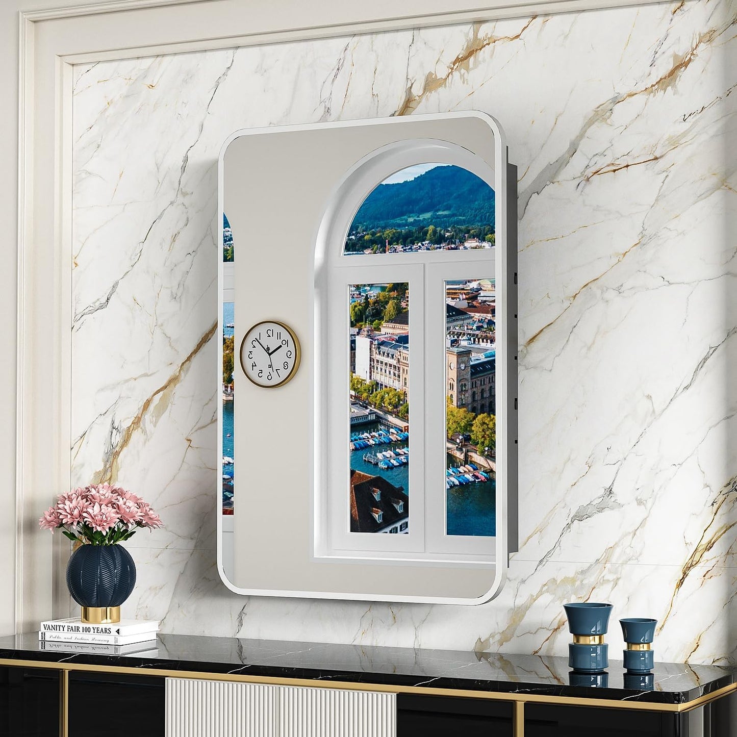 20x28 Inch Brushed Silver Recessed Medicine Cabinet with Mirror Metal Framed Surface Wall Mounted Bathroom Medicine Cabinet Mirror with Storage