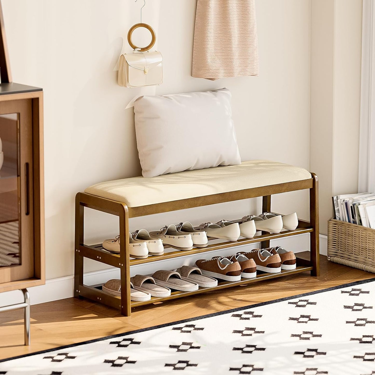 2-Tier Bamboo Shoe Bench with Cushion and Hidden Drawer, Entryway Shoe Rack Organizer with Storage for Hallway, Bedroom, Front Door, Mudroom Seating Bench, Walnut