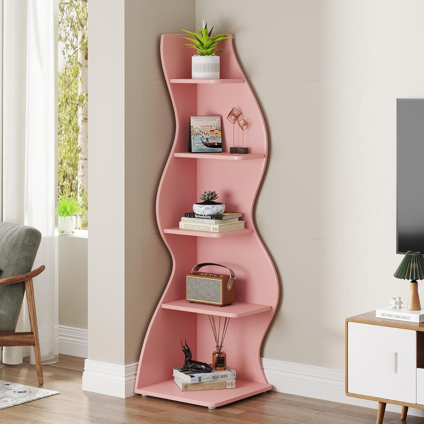 Tribesigns Corner Shelf, Modern 5-Tier Wall Corner Bookshelf, Stylish Corner Small Bookcase Storage Rack Plant Stand with Unique Shape for Living Room, Home Office (Pink, 1PC)