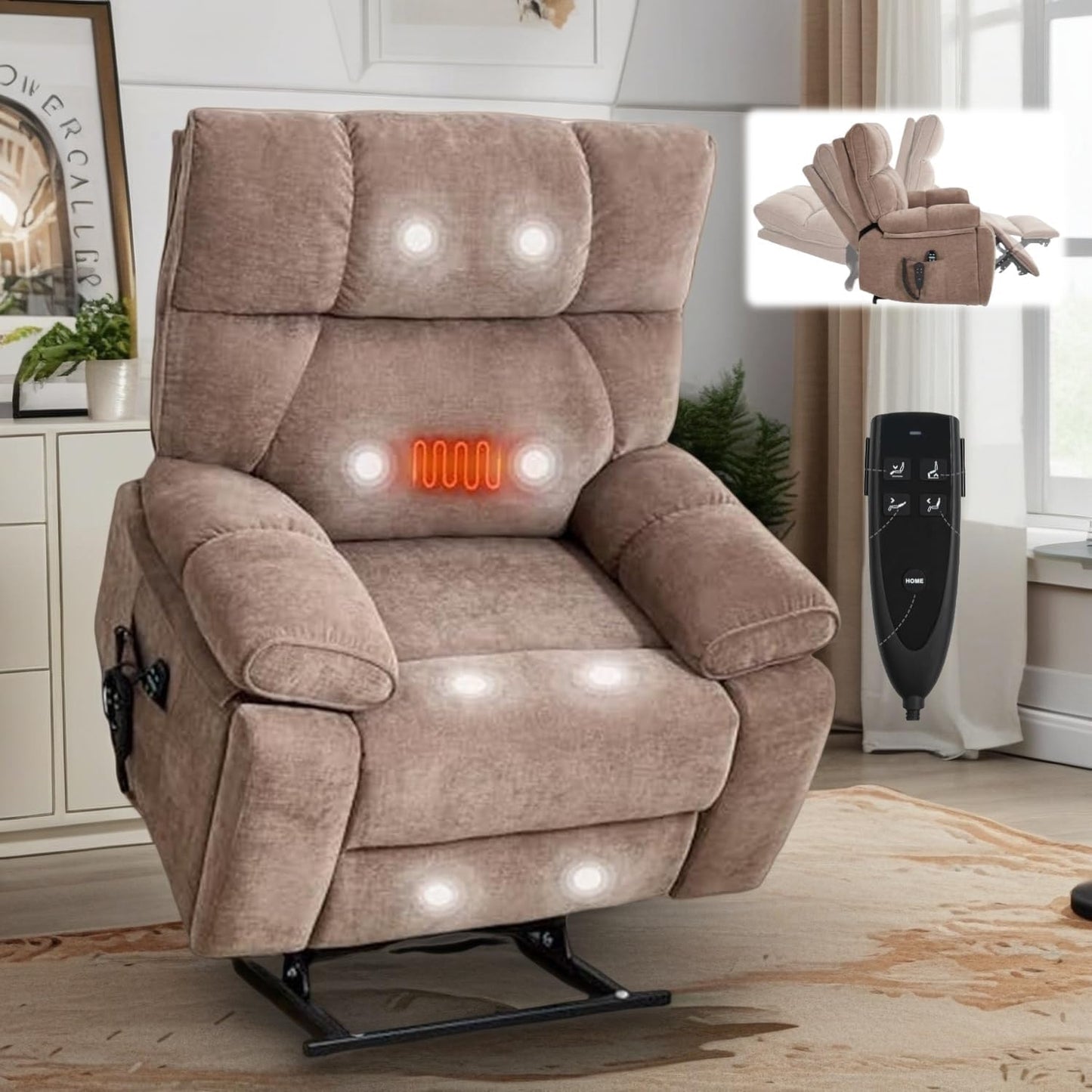Dual Motor Power Lift Recliner Chair, 8 Positions Vibration Massage Recliner Chair, Chenille Fabric Recliner with Cup Holder, Vibration Massage and Lumbar Heating for Adults and Elderly, Brown