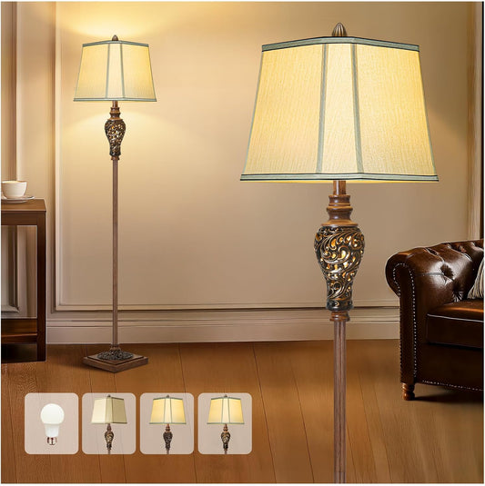 Vintage Floor Lamp with Nightlight, 65" Rustic Standing Lamp with Beige Faux Silk Shade, Farmhouse Style Design Tall Lamp Decor for Living Room Bedroom Study Home Office Corner- Bronze (Bulb Included)