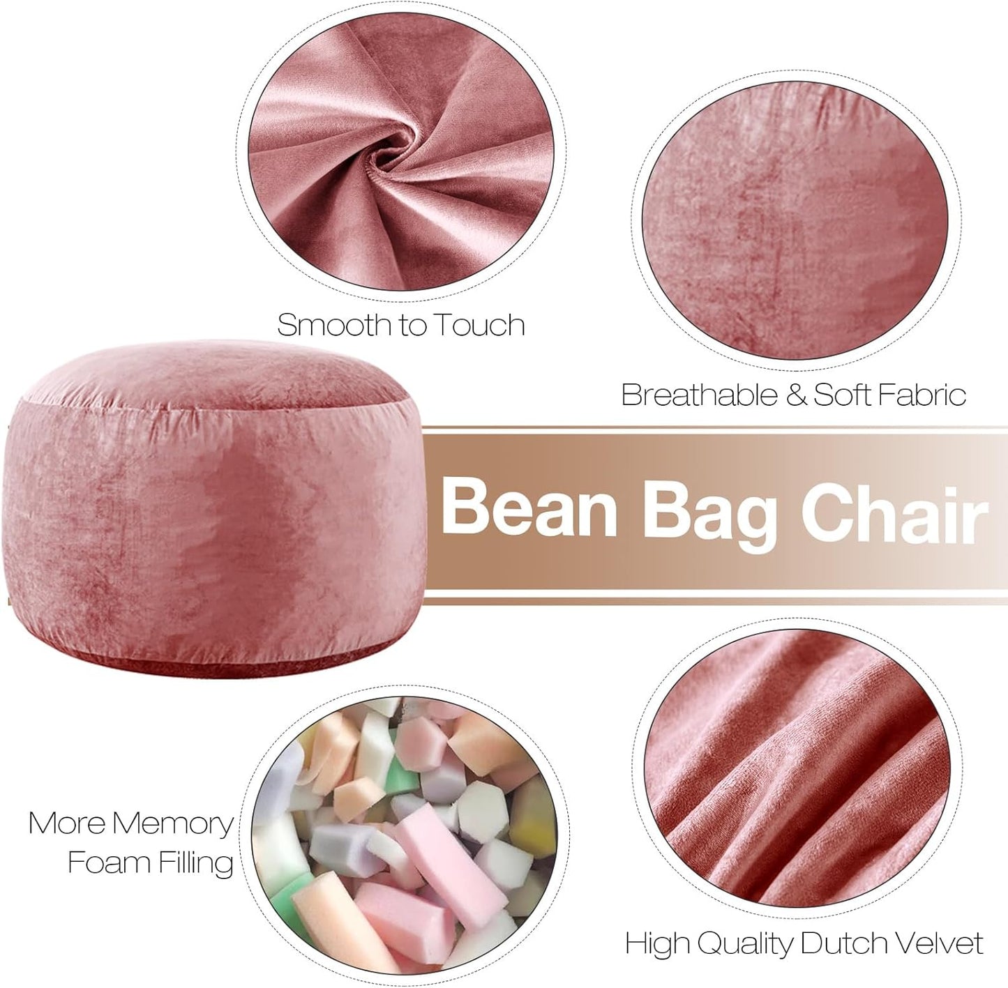 3 Ft Large Bean Bag Chairs for Adults/Teens with Memory Foam Filling, Comfy Bean Bag Sofa with Filler Included, Soft Dutch Velvet Fabric Beanbags,3 Foot, Pink
