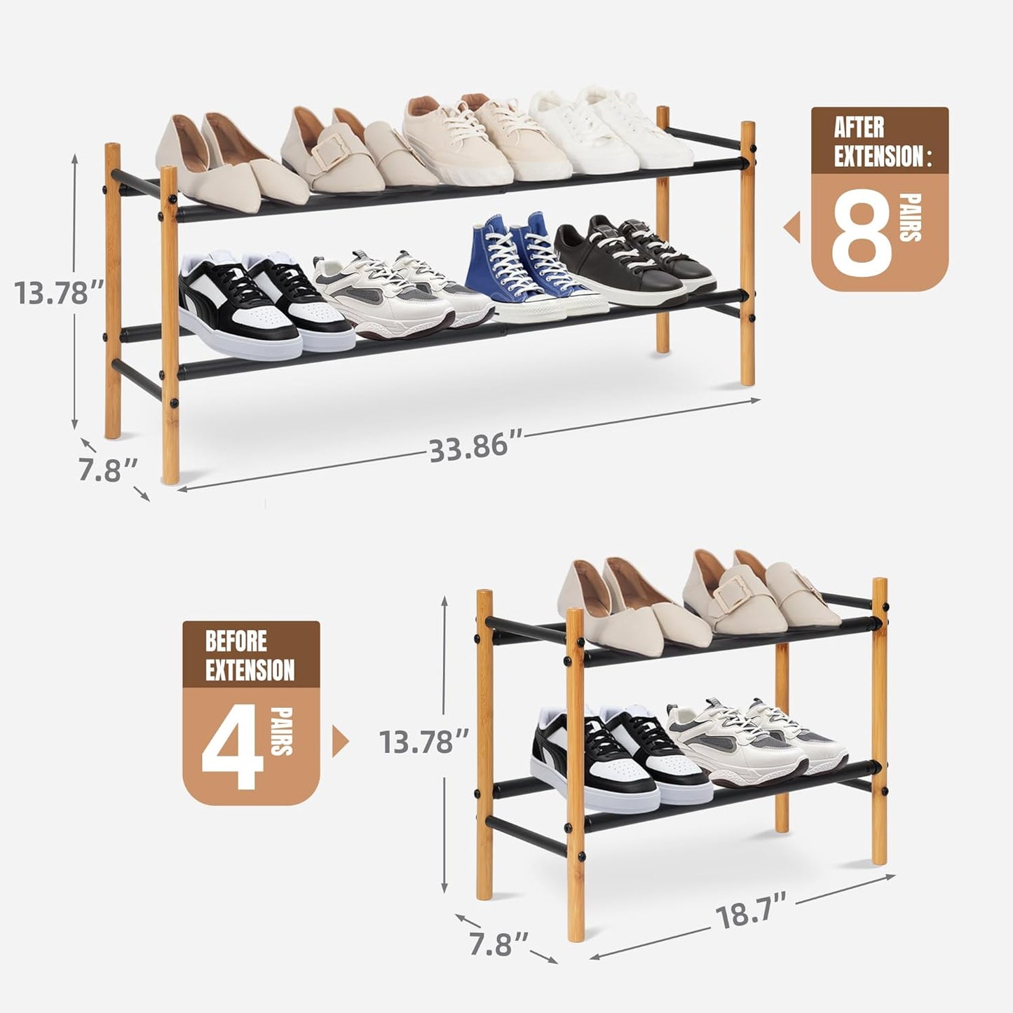 STORAGE MANIAC Expandable Shoe Rack, 8 Pairs Stackable Small Shoe Rack, Metal Adjustable Shoes Organizer for Closet, Entryway, Hallway, Garage, Front Door, Shoes Shelves, Bamboo 2 Tier