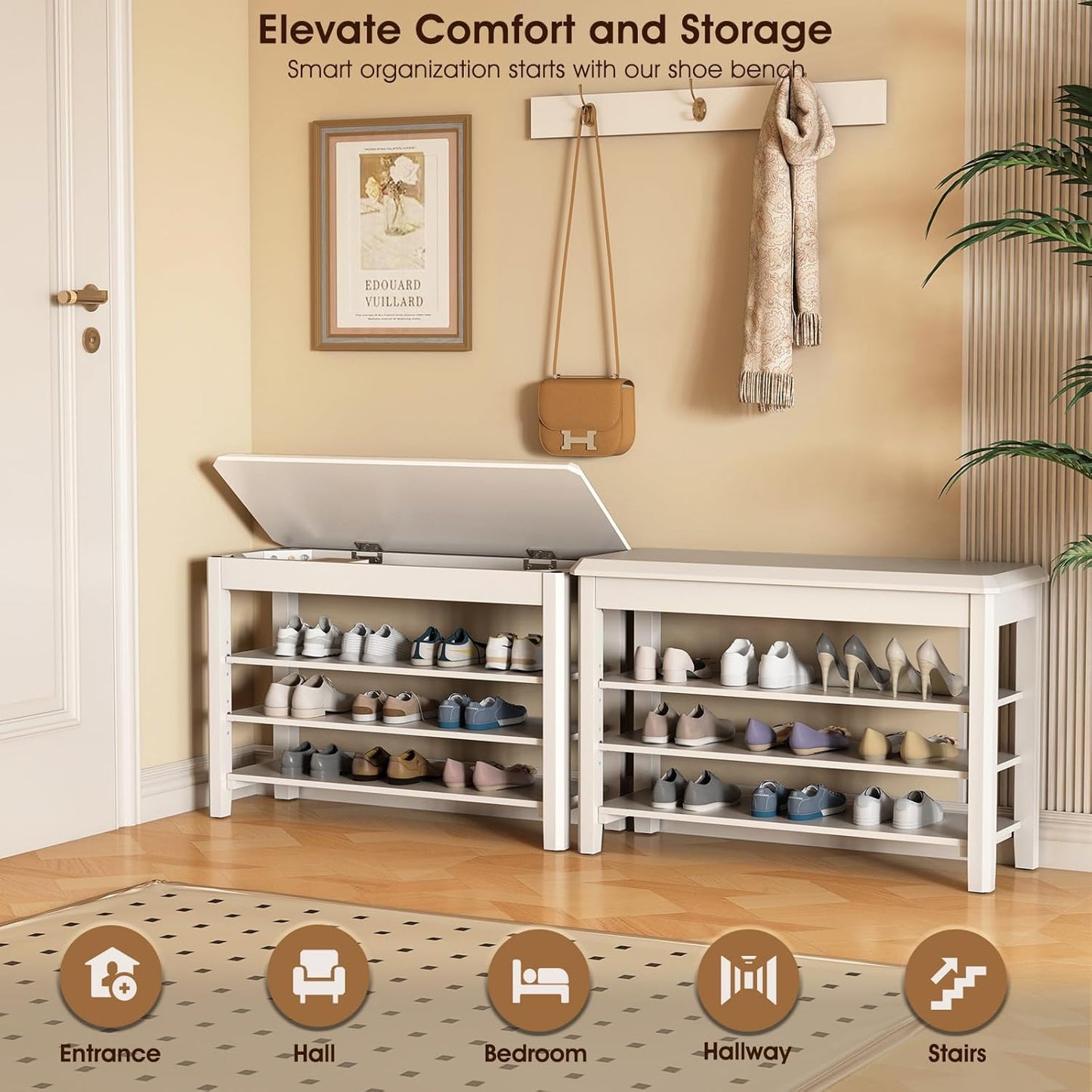 Shoe Rack Bench Seat Rubberwood 3-Tier Wooden Storage Bench 550lbs Compact Mid-Century Modern Design for Entryway, Hallway, Closet, Front Door Entrance, Foyer