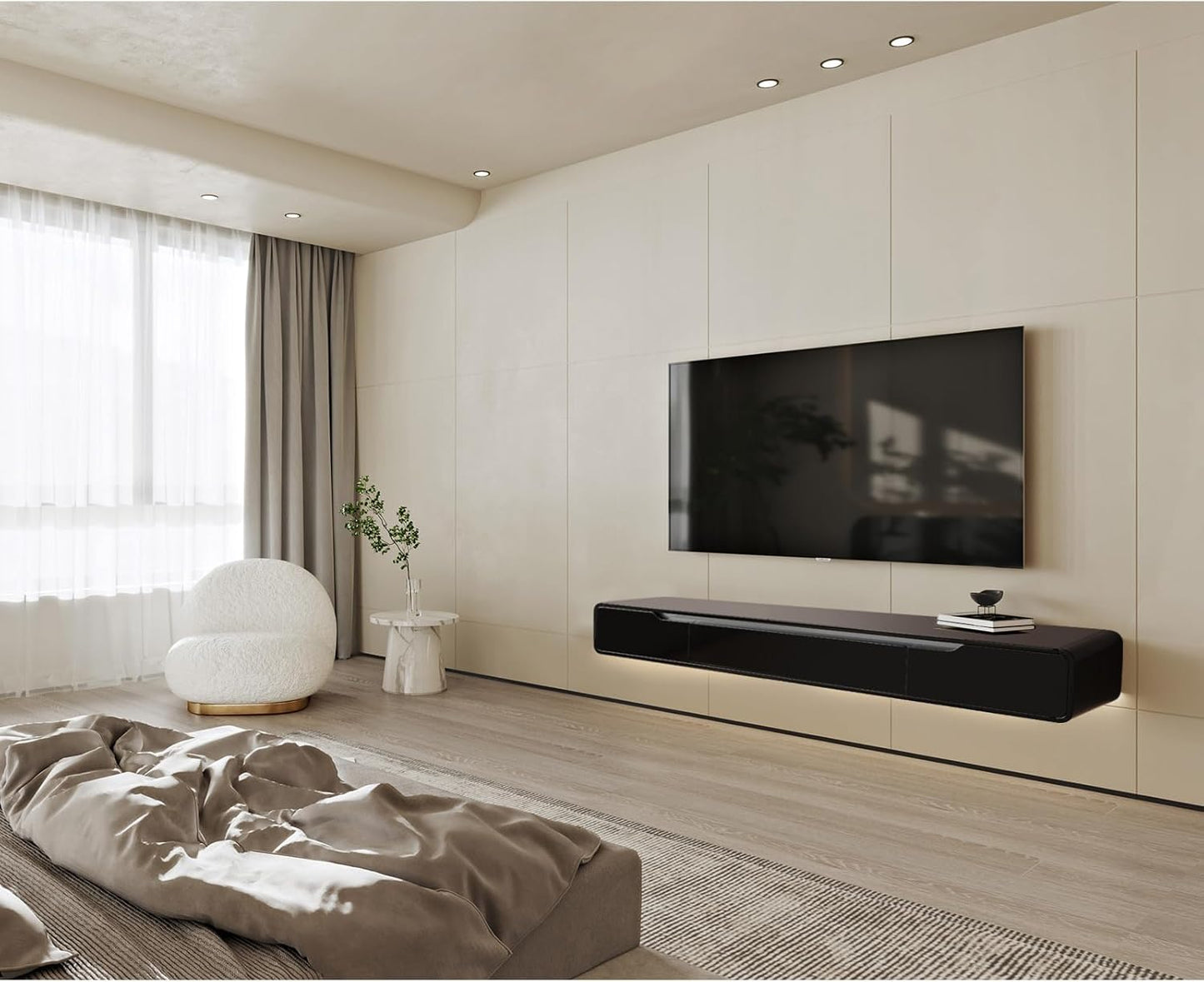 High Gloss Floating TV Stand with 3 Doors,70'' Wall Mounted TV Cabinet,Under TV Console,Floating Media Shelft for Bedroom Living Room(Black)