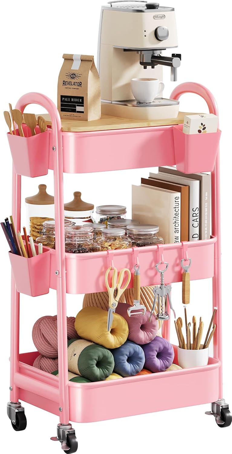 3 Tier Rolling Cart Metal with Wheels & Table Top, Pink Utility Cart with Cups and Hooks, Three Tiered Craft Cart Organizer on Wheels, Storage Carts for Salon, Lash, Hair, Nail, Makeup, Diaper, Book