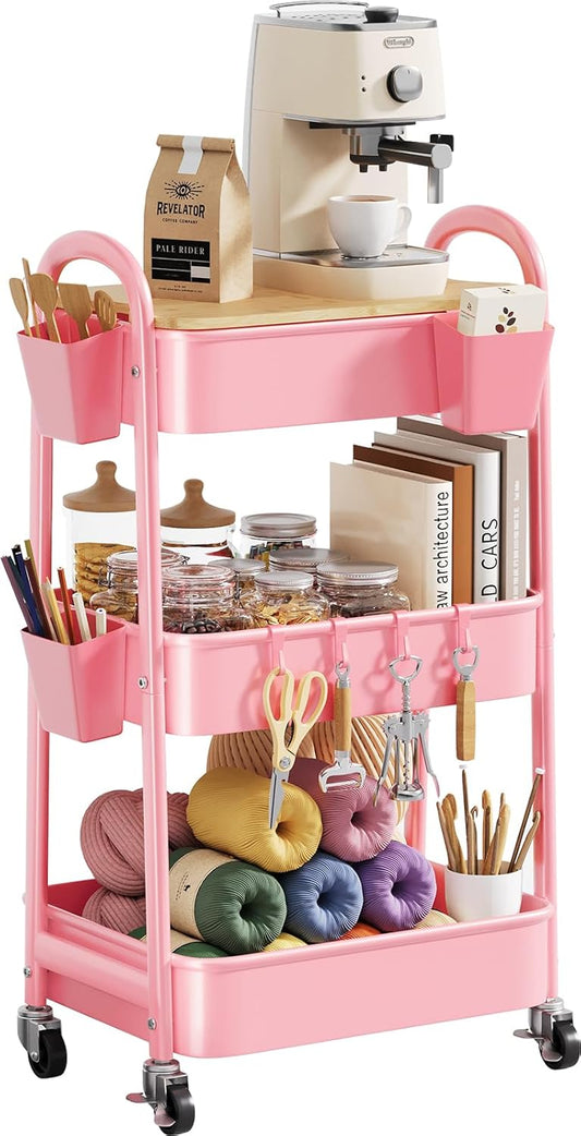 3 Tier Rolling Cart Metal with Wheels & Table Top, Pink Utility Cart with Cups and Hooks, Three Tiered Craft Cart Organizer on Wheels, Storage Carts for Salon, Lash, Hair, Nail, Makeup, Diaper, Book