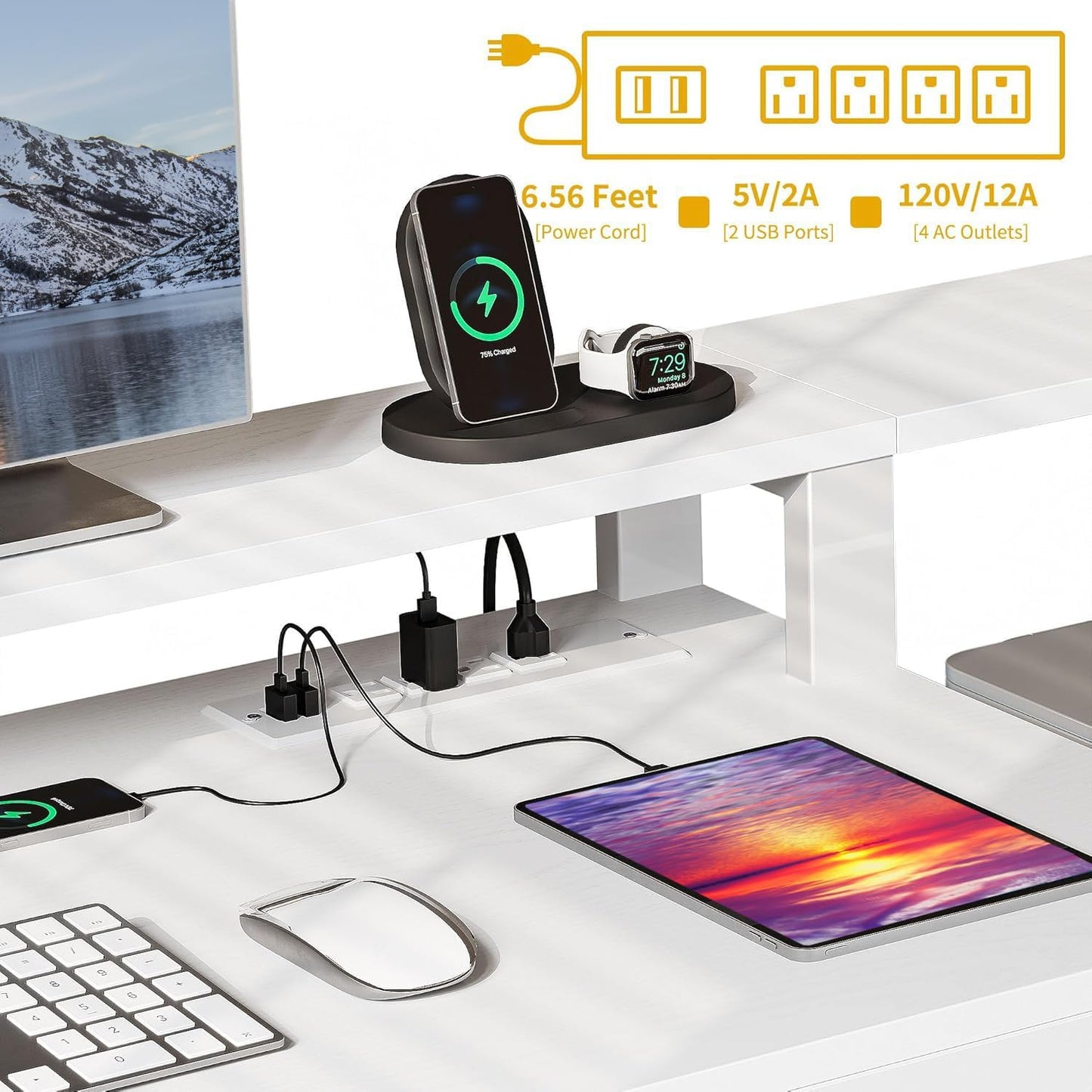 DWVO L Shaped Desk with Drawers, 65" Computer Desk with Power Outlets & LED Lights, Corner Home Office Desk with Storage Shelves & Printer Stand, White