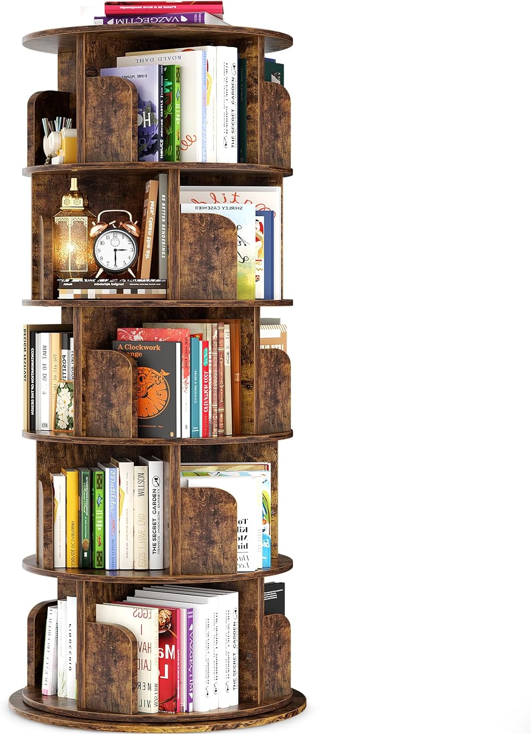 Rotating Bookshelf Tower, 5 Tier Spinning Bookcase, Revolving 360 Book Shelf Narrow Tall Bookcase, Vertical Turning Round Bookshelf Organizer, Corner Book Shelf for Small Space, Rustic Brown